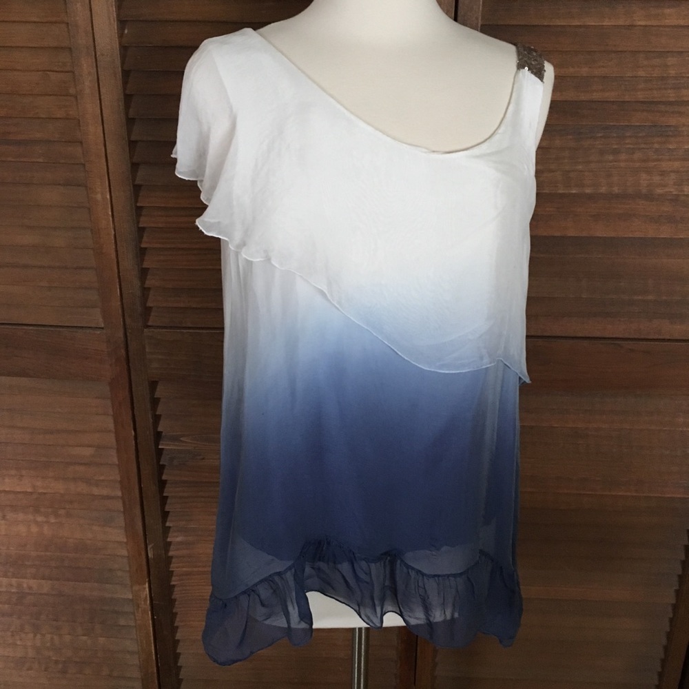 Belle France Sheer Overlay Blue  White Ombre Top